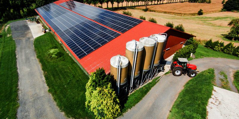 Schweinemaststall mit großflächiger PV-Anlage, Luftbild